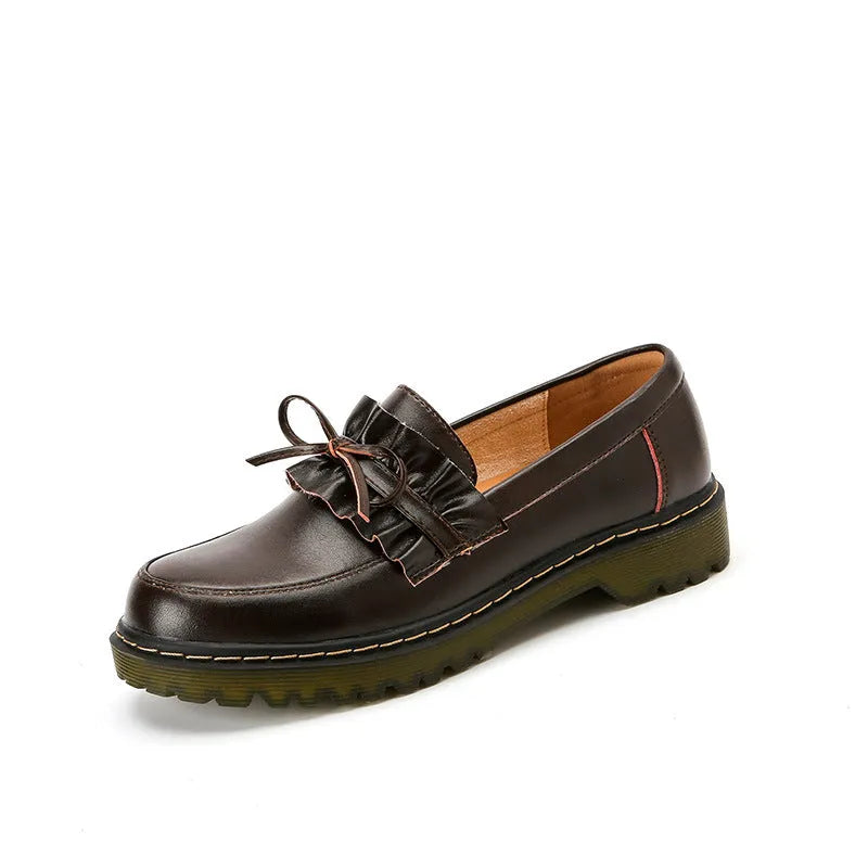 British style women's round head leather shoes with a chunky flat heel in black or brown.