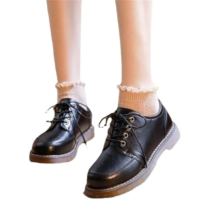 Women's black retro Mary Jane pumps shoes with low square heel and front lace-up design
