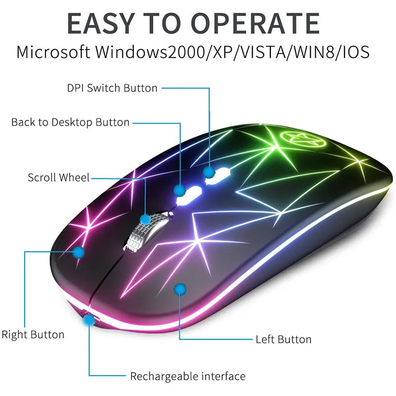 Wireless Bluetooth gaming mouse with luminous LED indicators and metal scroll wheel in black finish