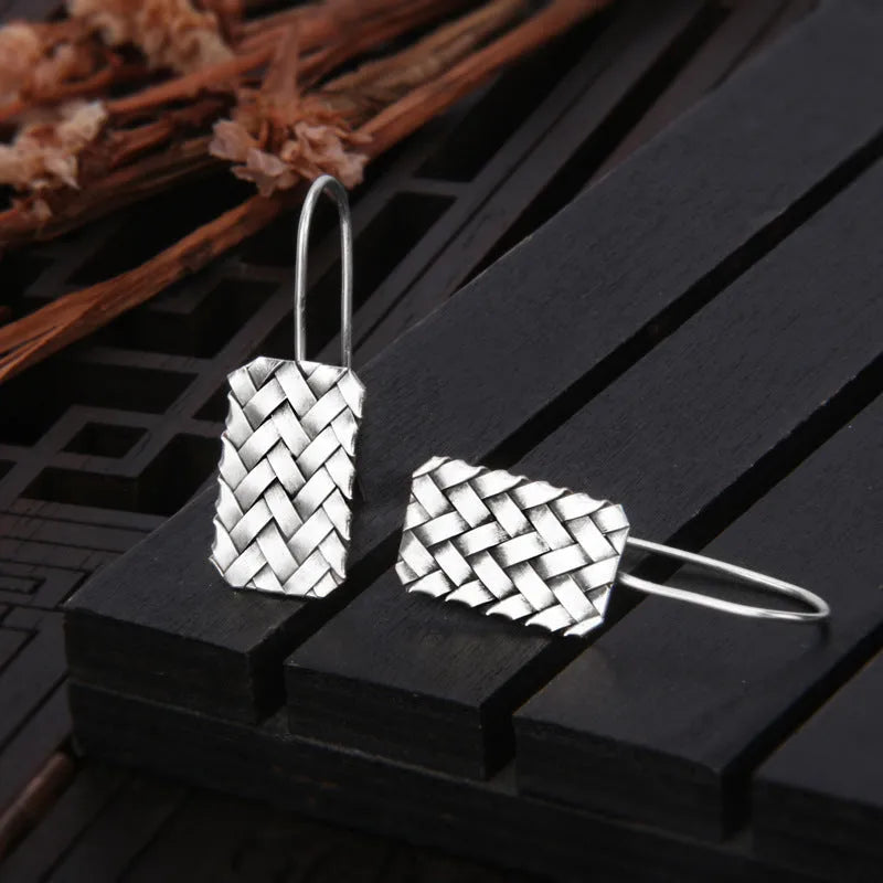 Women's 925 silver woven diamond plaid geometric earrings measuring 17.5mm by 11mm