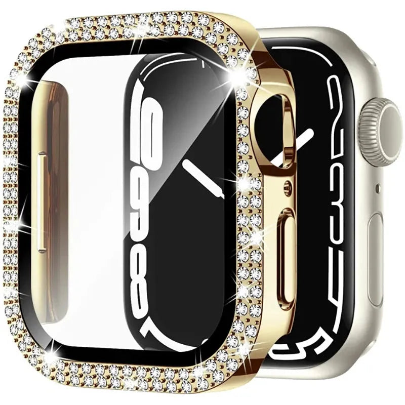 Apple Watch case with double diamond glass in rose pink, shown fitted on a 41mm Apple Watch.
