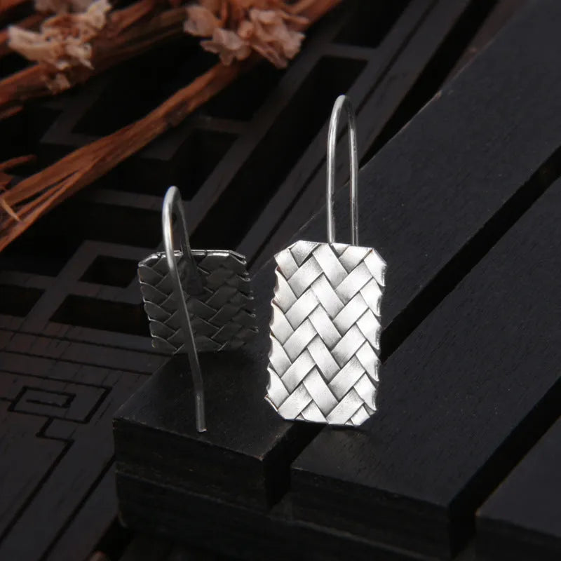 Women's 925 silver woven diamond plaid geometric earrings measuring 17.5mm by 11mm