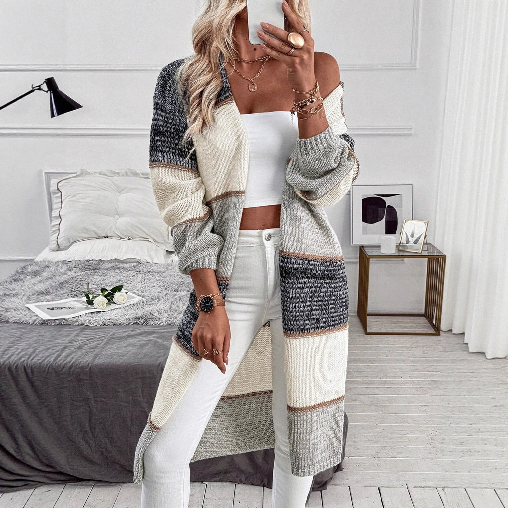 Grey striped knitted cardigan with long sleeves in loose European street fashion style