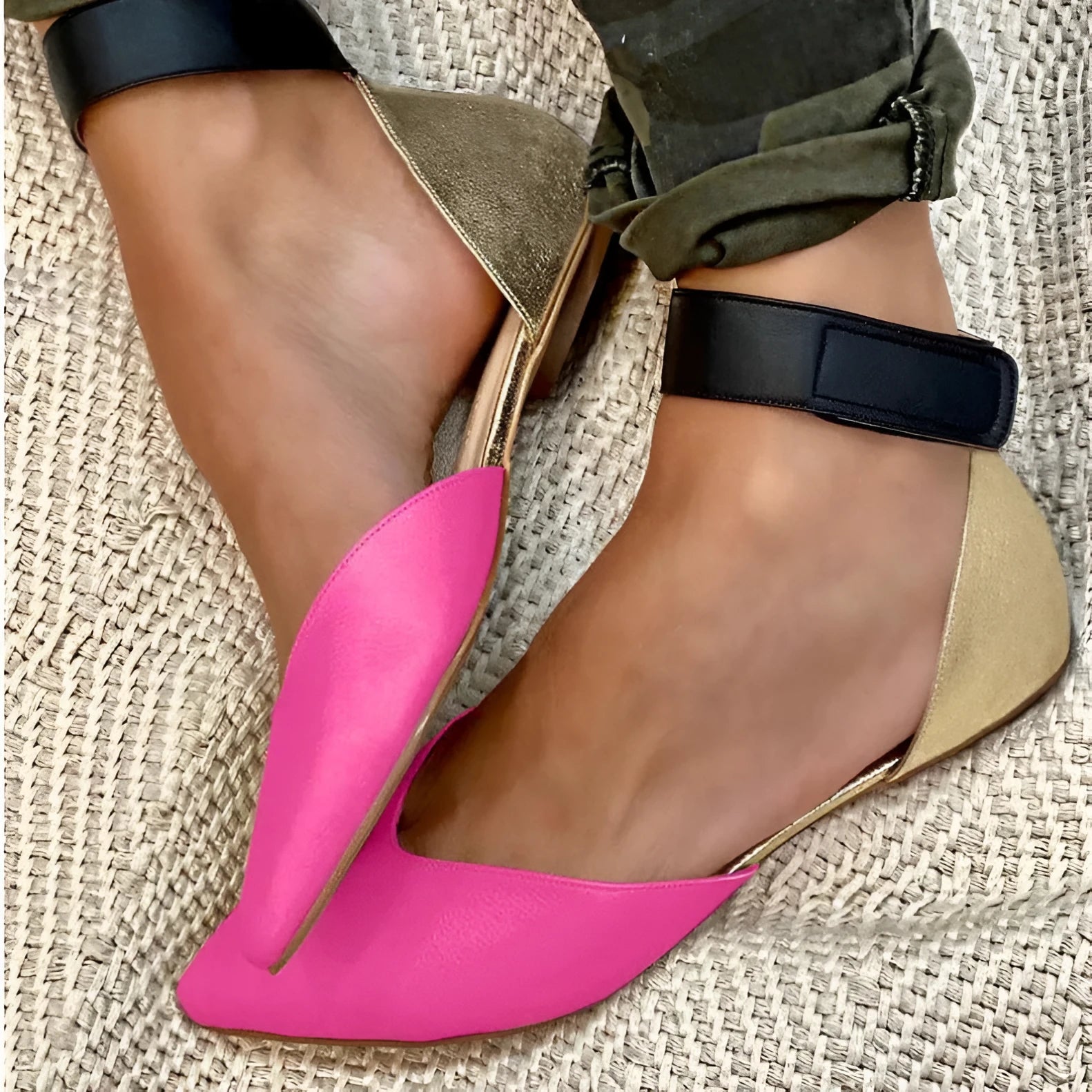 Women's beige velcro sandals with a hollowed PU upper and flat heel.