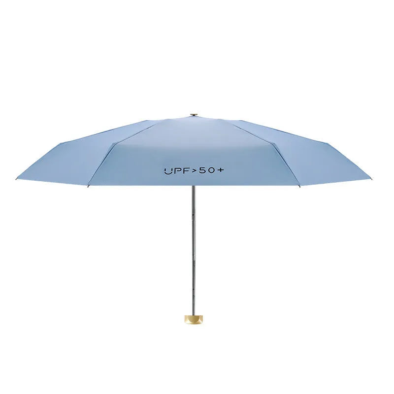 Closed five-fold mini pocket sun umbrella with a rubber handle, shown in a choice of colours.