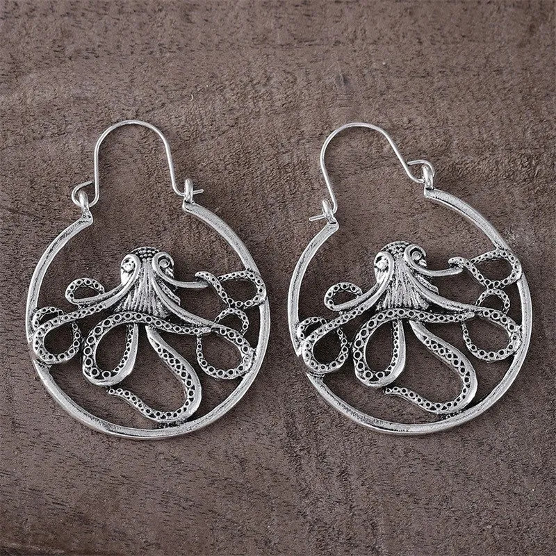 Antique silver octopus earrings with detailed modelling on zinc alloy base