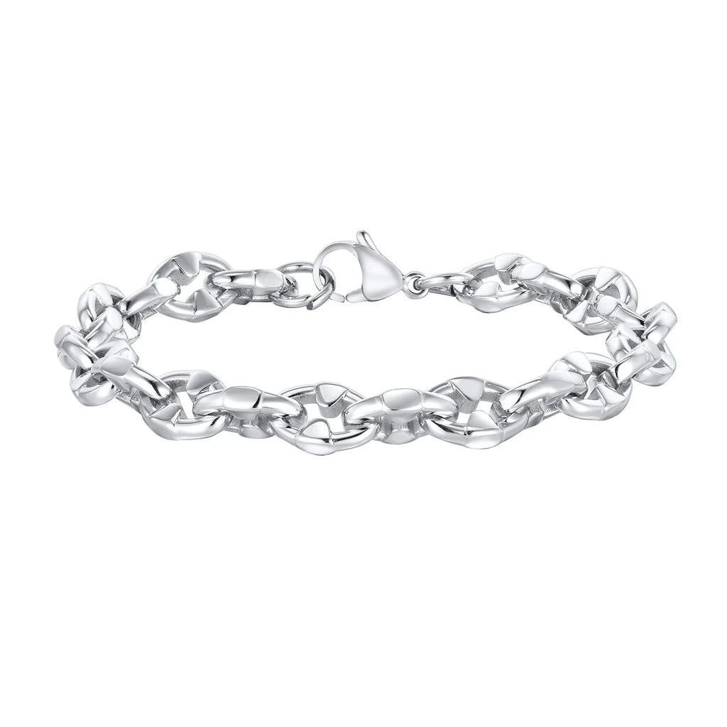 Handmade thick stainless steel geometric chain bracelet with a polished steel colour finish