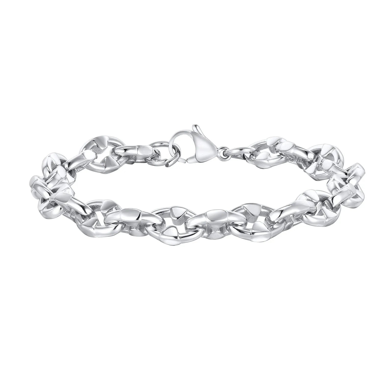 Handmade thick stainless steel geometric chain bracelet with a polished steel colour finish