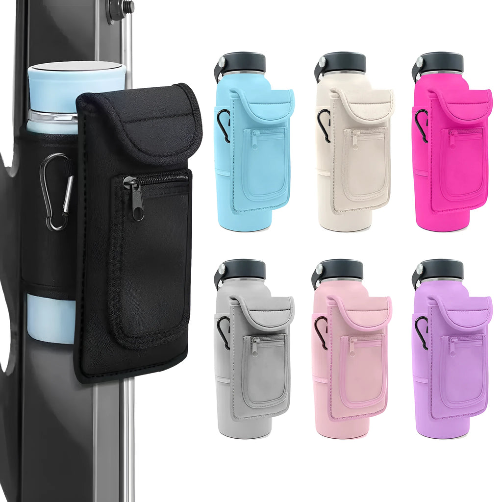 Magnetic cloth sleeve for a large sports bottle, showing black and pink colour options.