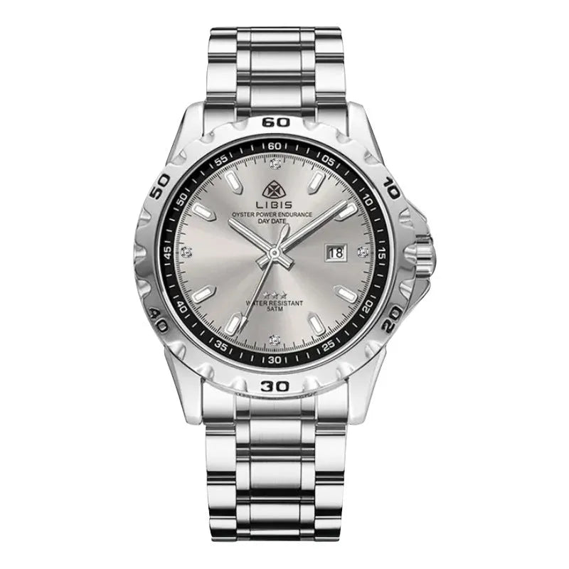Men's silver stainless steel watch with luminous hands and sapphire crystal glass