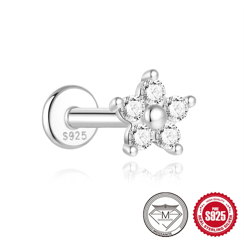 Geometric petal diamond stud earrings in platinum-colour sterling silver with ear clip fastening