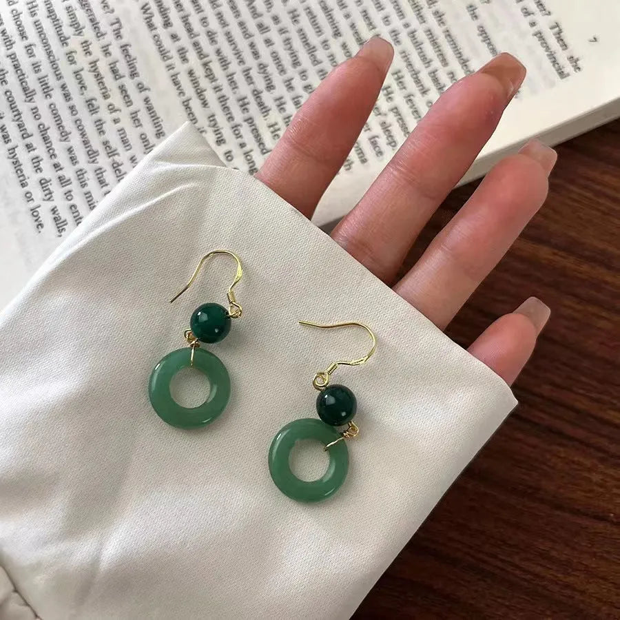 Green peace buckle geometric earrings with zinc alloy and 14K gold plating for Chinese style clothing