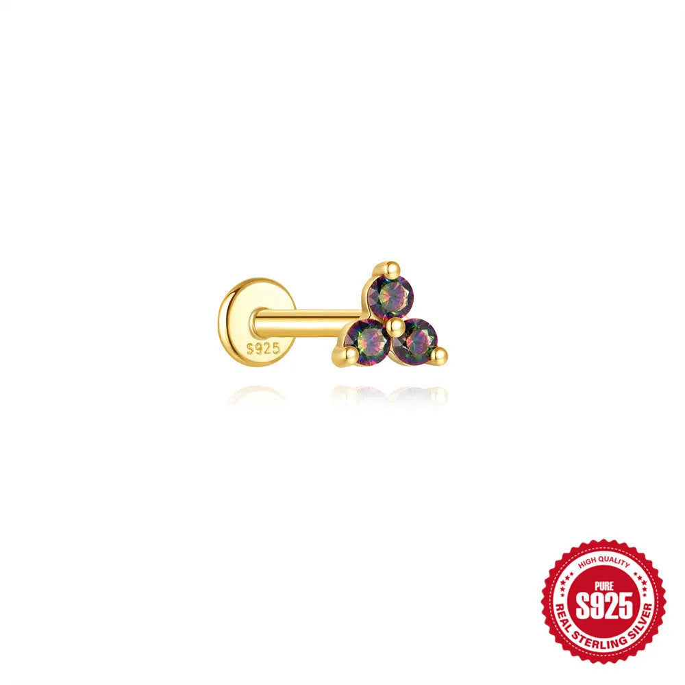 S925 sterling silver thread piercing with super shiny rainbow stone flat head in geometric shape