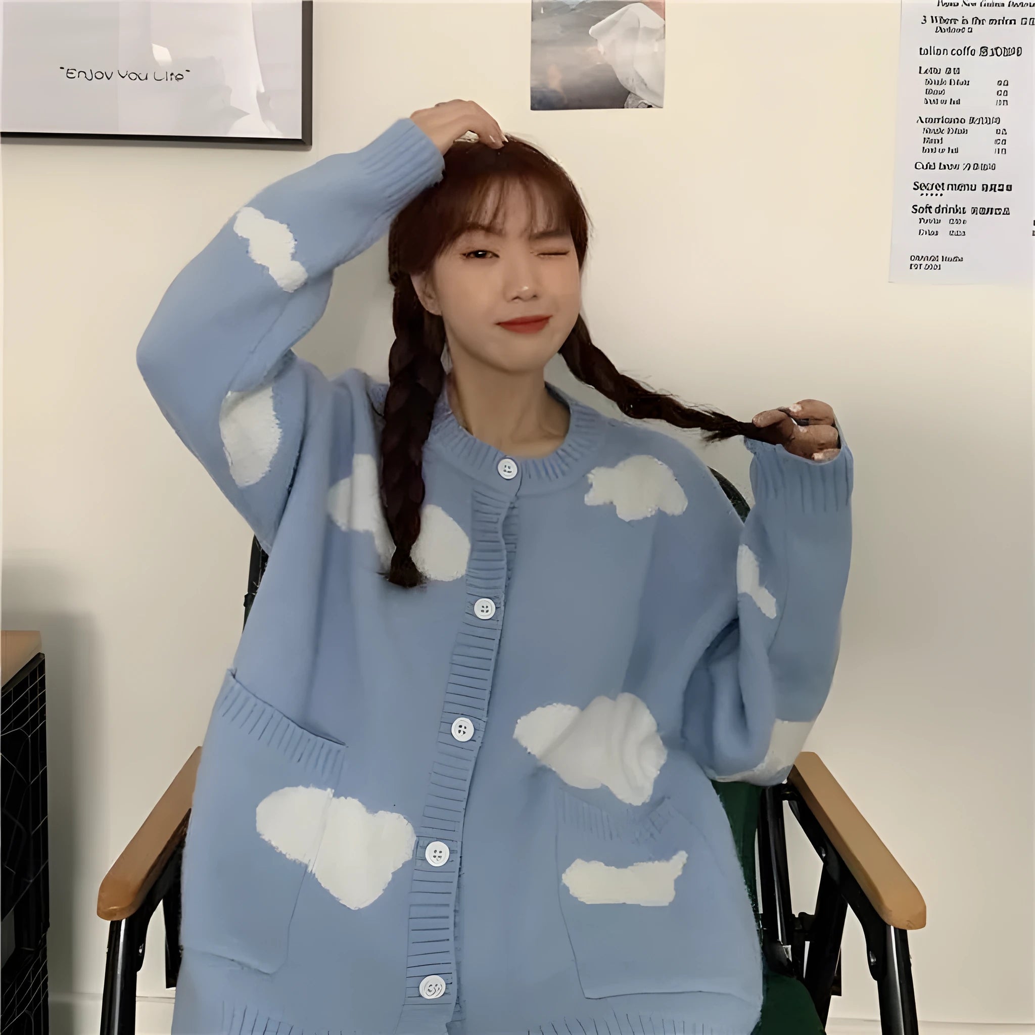 Women's blue cloud pattern cardigan sweater coat with loose fit and long sleeves