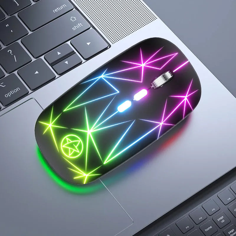 Wireless Bluetooth gaming mouse with luminous LED indicators and metal scroll wheel in black finish