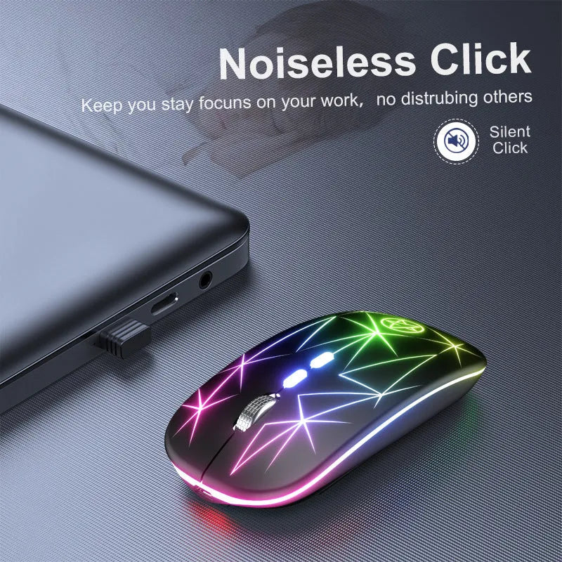 Wireless Bluetooth gaming mouse with luminous LED indicators and metal scroll wheel in black finish
