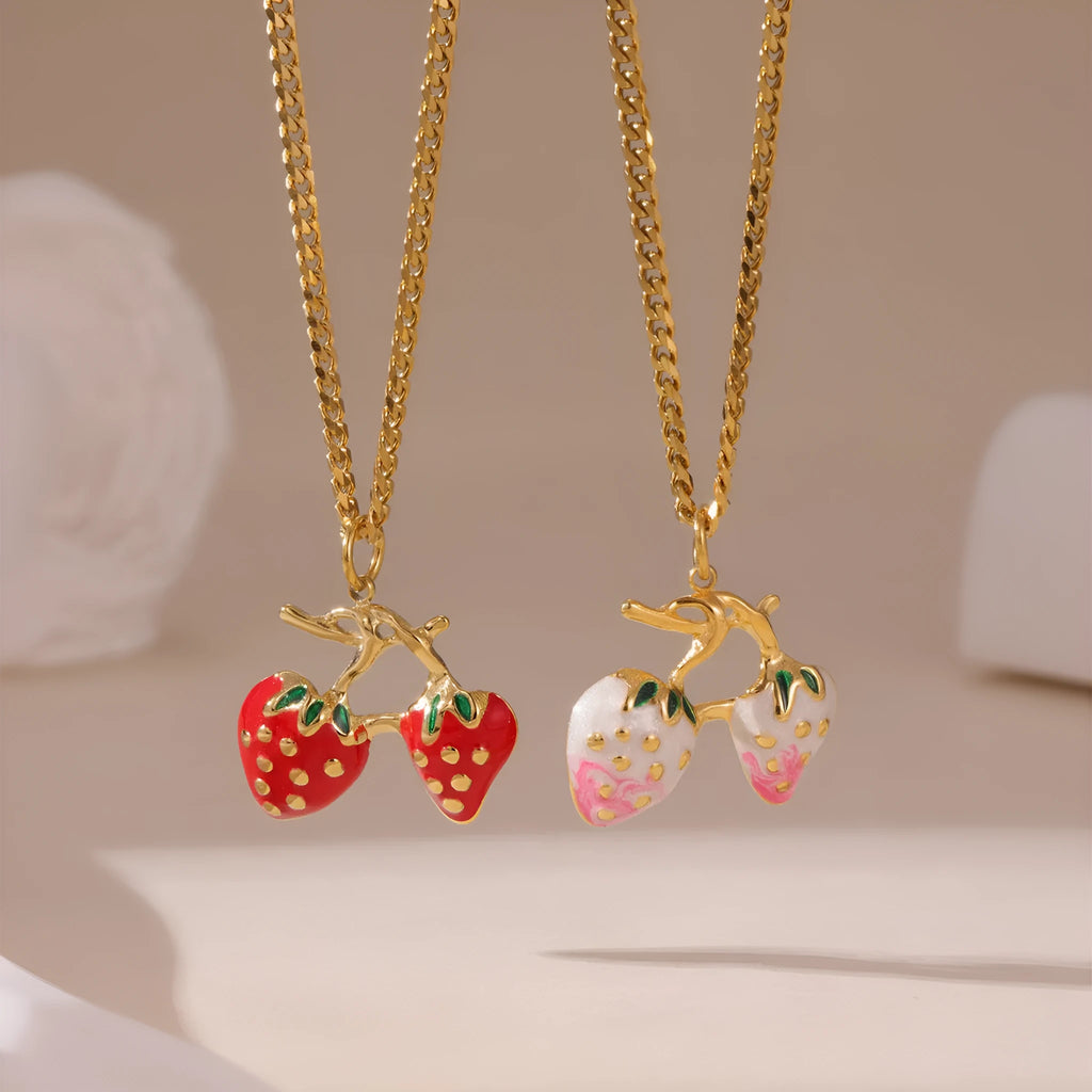 Strawberry fruit necklace pendant in stainless steel with red or white gradient colour on alloy chain