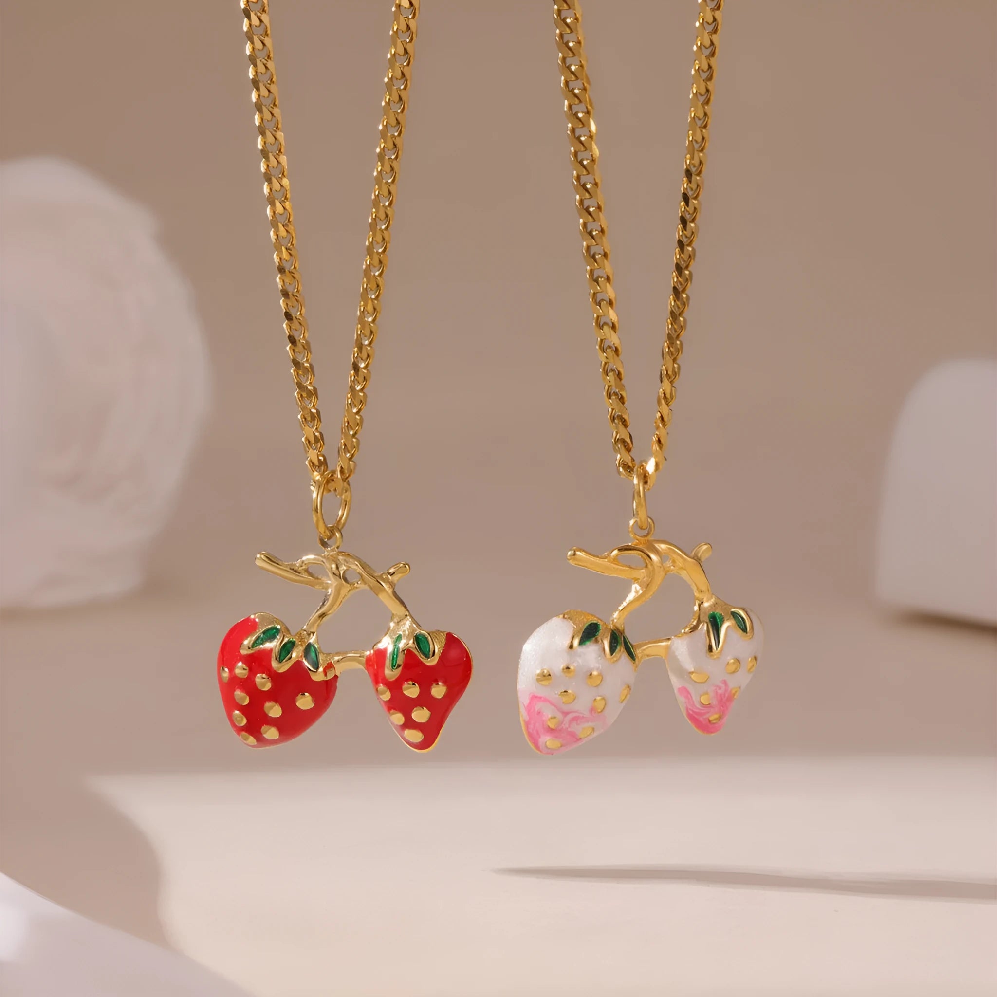 Strawberry fruit necklace pendant in stainless steel with red or white gradient colour on alloy chain