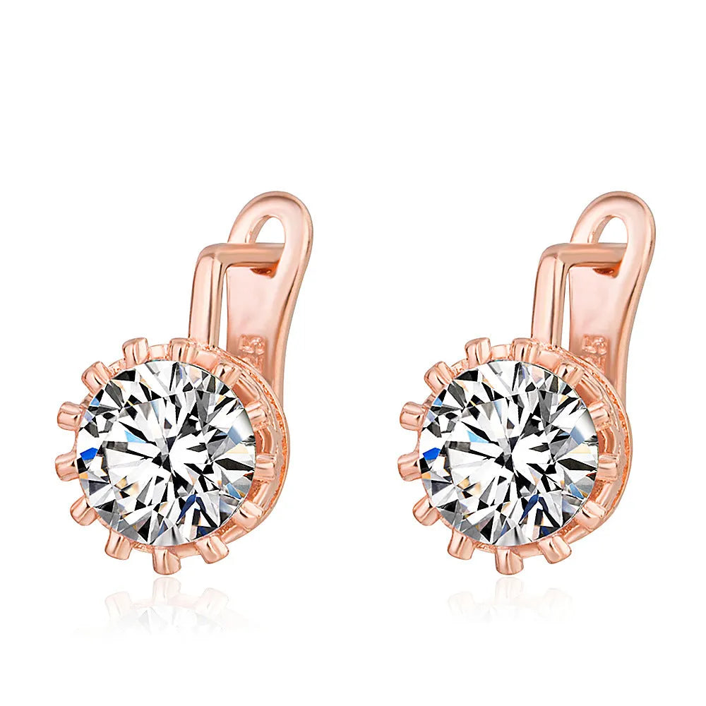 Korean retro crown ear clip earrings in rose gold or white gold finish with white diamond crystals