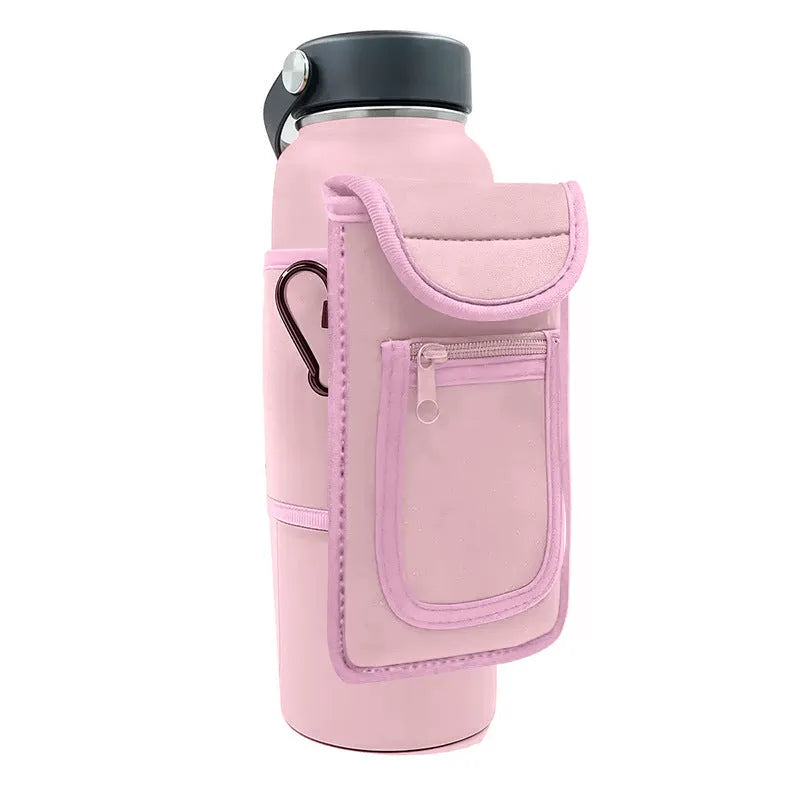 Magnetic cloth sleeve for a large sports bottle, showing black and pink colour options.