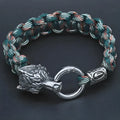 Handmade stainless steel wolf head bracelet with Luen character in camouflage colour.