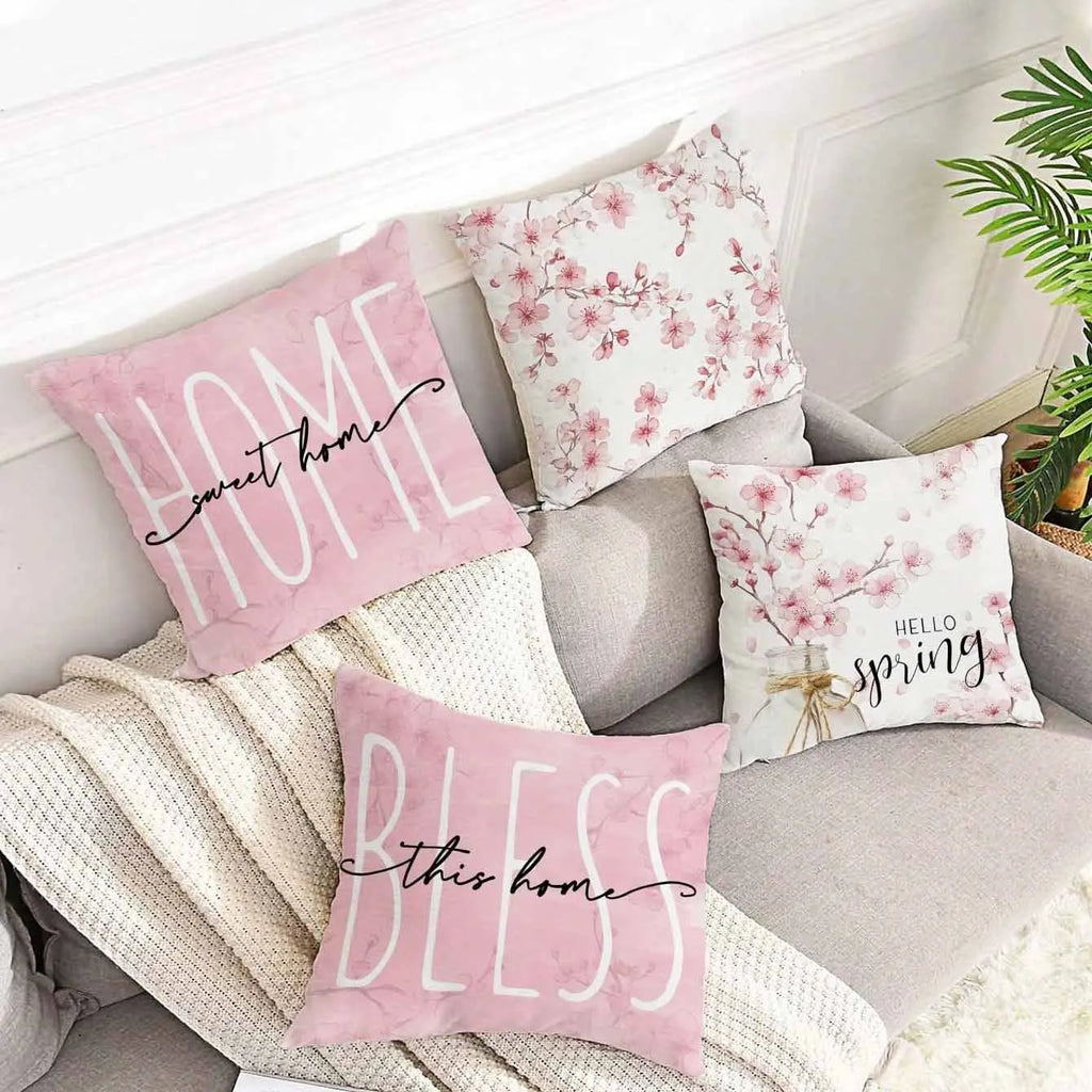 Square short velvet cushion cover with pink cherry blossom and letter print, 45cm.