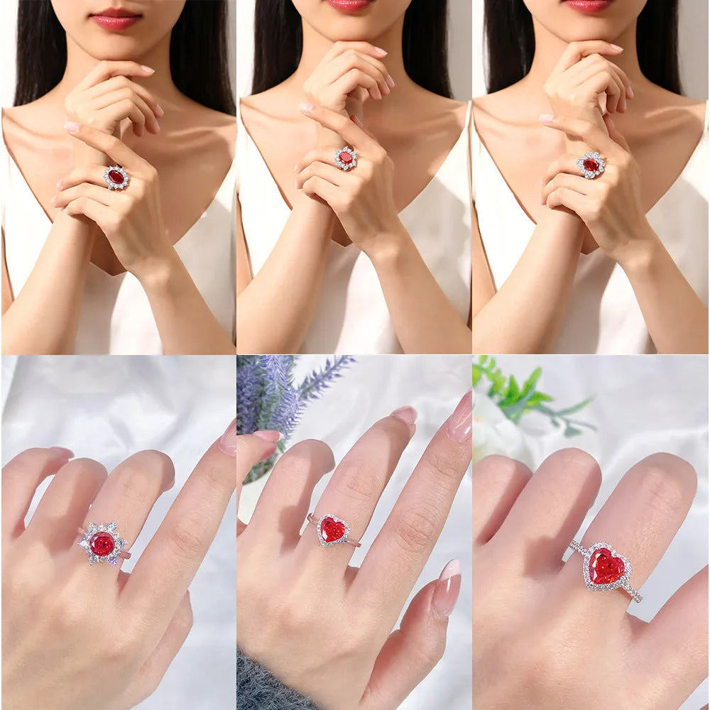 Heart-shaped 925 sterling silver ring with a sparkling ice flower cut colour zircon stone on a finger.