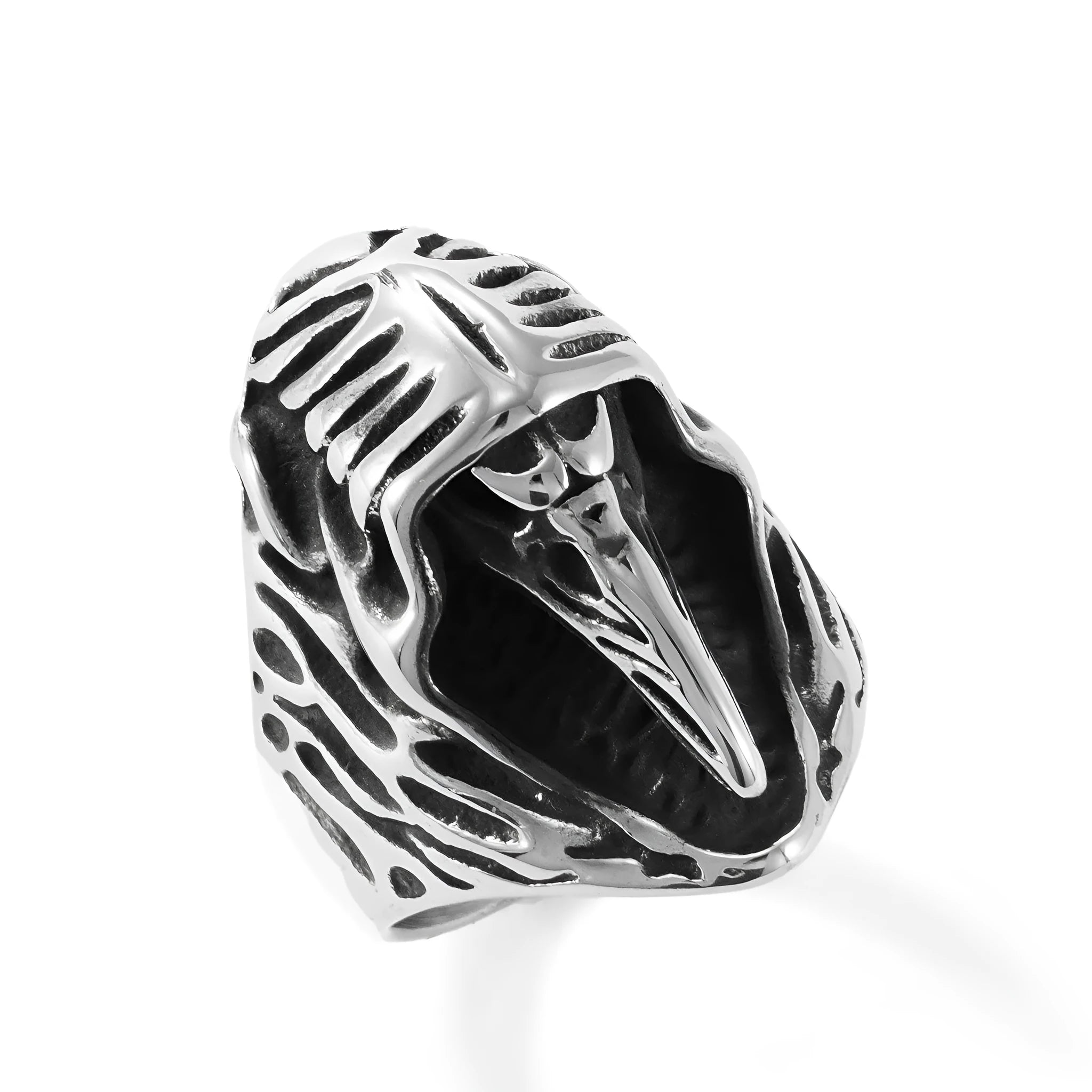 Geometric crow punk ring in titanium steel with MR166 colour on finger