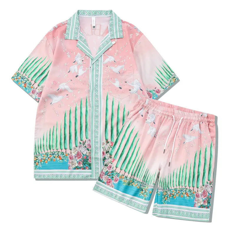 Men's plaid print short sleeve shirt and matching trousers co-ord set for beach wear