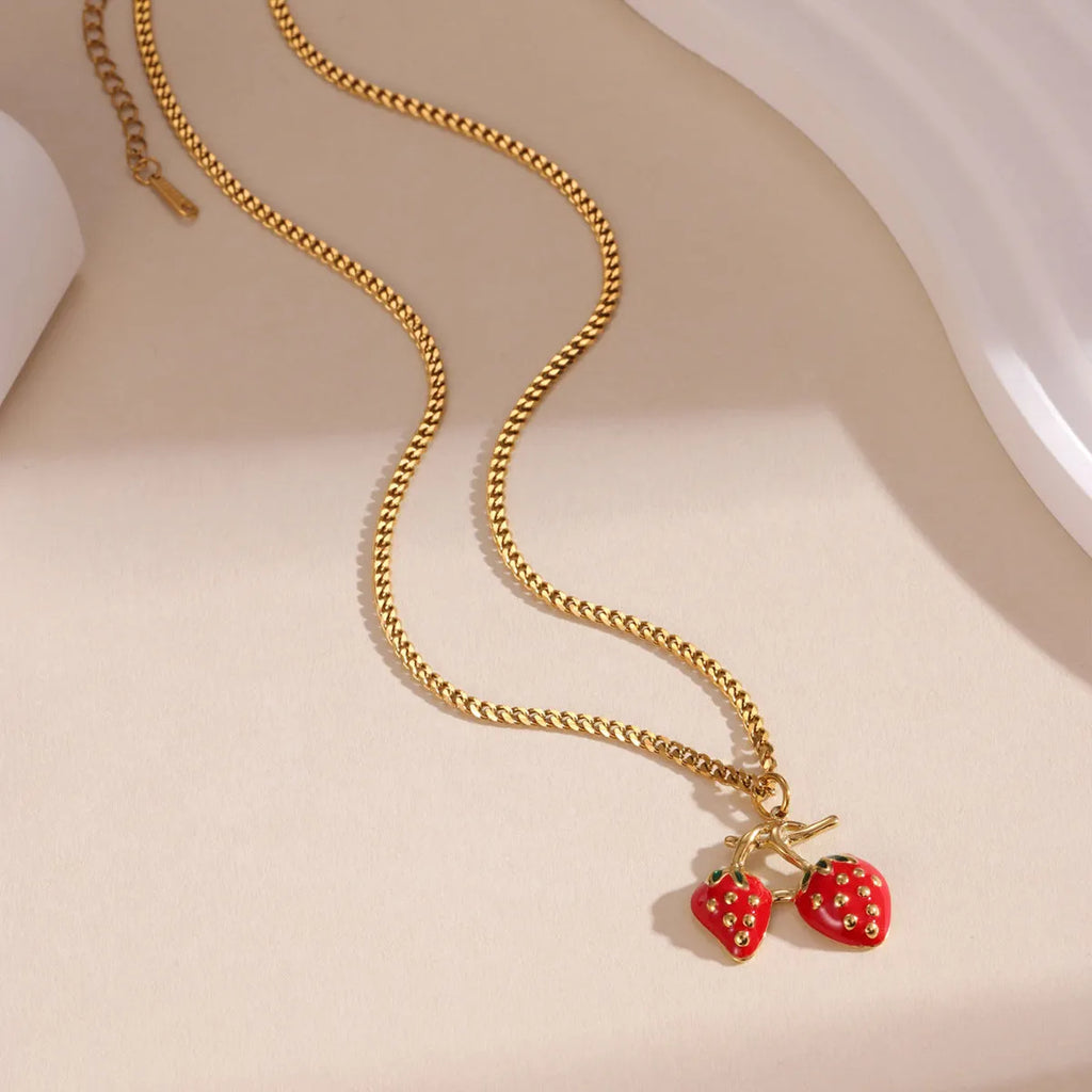 Strawberry fruit necklace pendant in stainless steel with red or white gradient colour on alloy chain