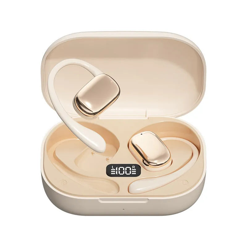 Ear-mounted headphones with digital display screen in skin colour, black, or white options