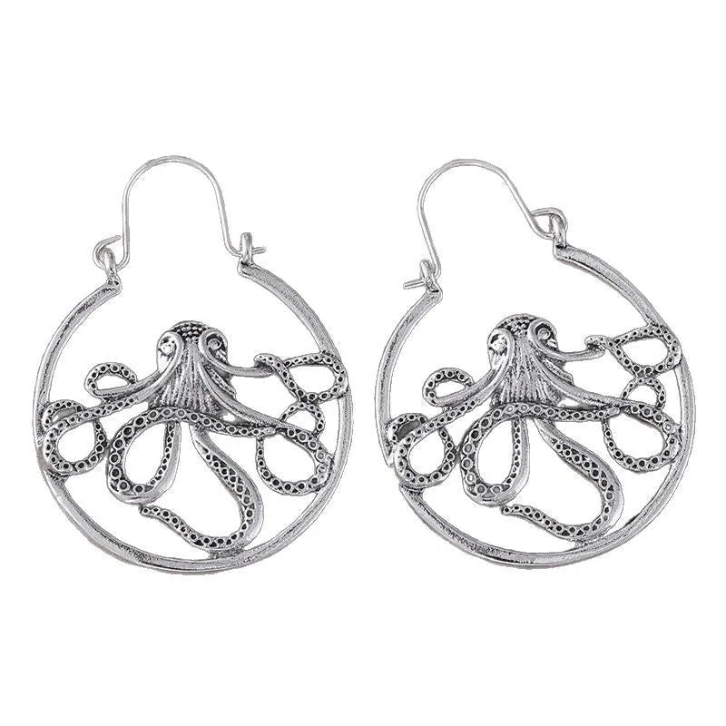 Antique silver octopus earrings with detailed modelling on zinc alloy base