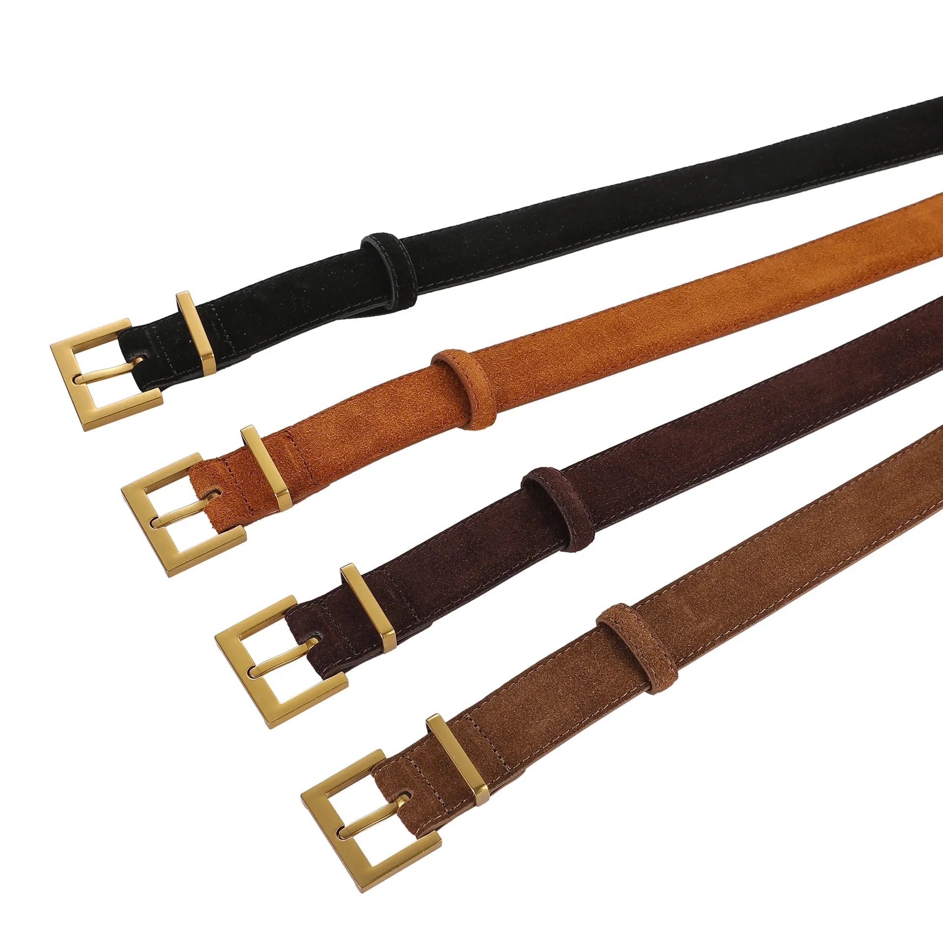 Ladies' black genuine leather belt with a silver quadrilateral pin buckle on a white background.