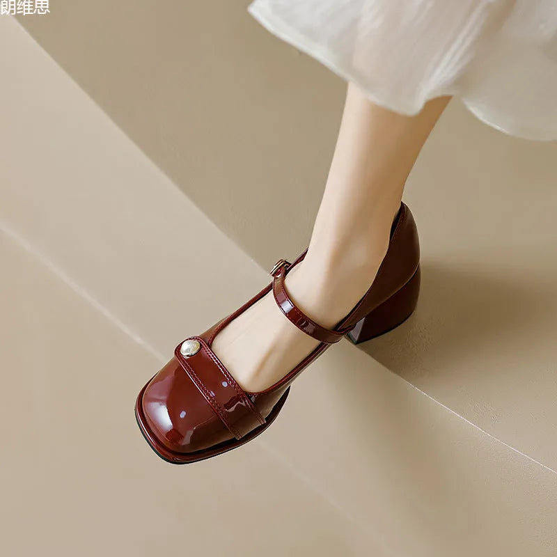 French style patent leather hiking pumps with chunky square-toe heel and buckle fastening in three colour options