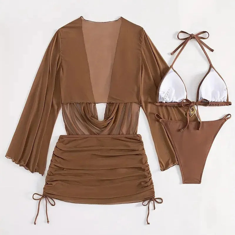 Dark brown women's one-piece swimsuit with lace-up back and sleeveless design.