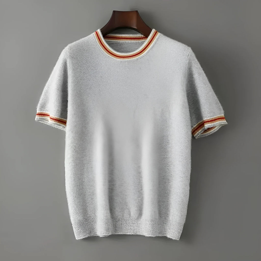 Men's pure wool short sleeve sweater with round neck in white, grey or black colours
