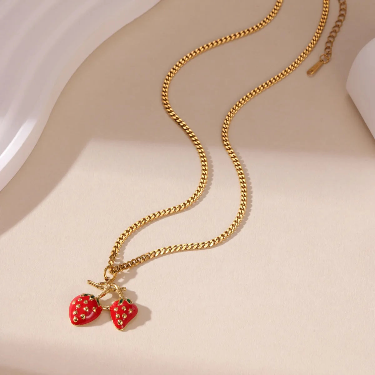 Strawberry fruit necklace pendant in stainless steel with red or white gradient colour on alloy chain