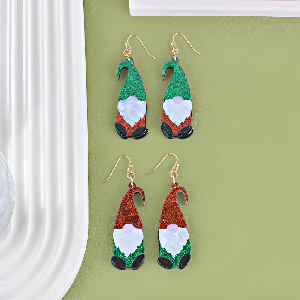 Acrylic Santa Claus character earrings with red, green, or combined hat designs