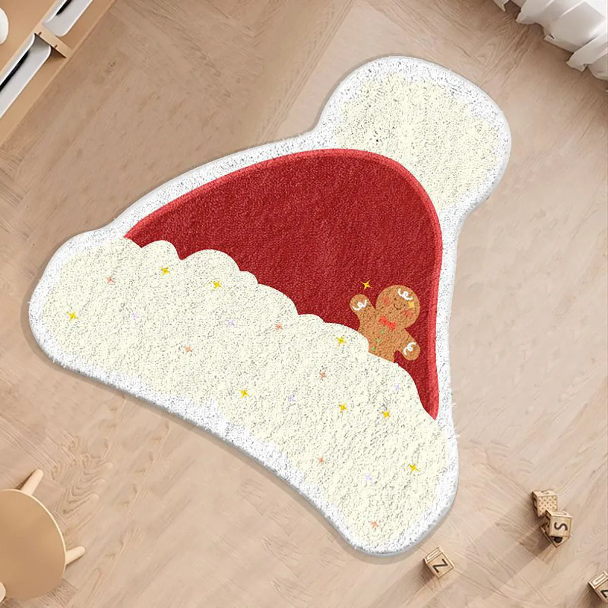 Alien-shaped round Christmas carpet with festive gingerbread man pattern on imitation cashmere material