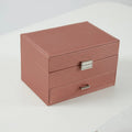 Hard leather jewellery storage box in beige, black, pink, or rose gold, showing its rectangular shape and compact size