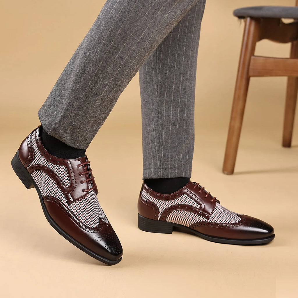 Men's black houndstooth plaid casual shoes with square toe and lace-up front on a rubber sole.
