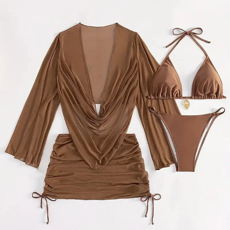 Dark brown women's one-piece swimsuit with lace-up back and sleeveless design.