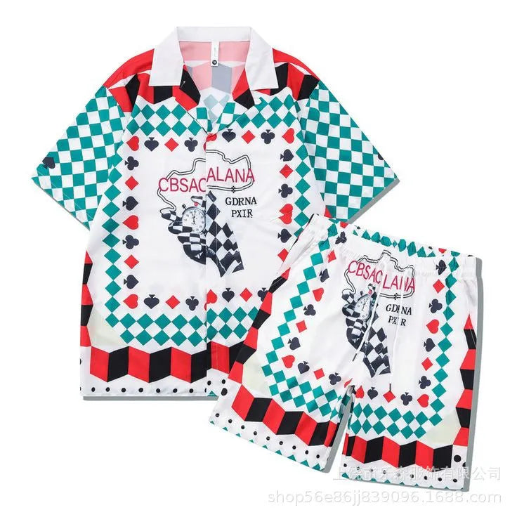 Men's plaid print short sleeve shirt and matching trousers co-ord set for beach wear