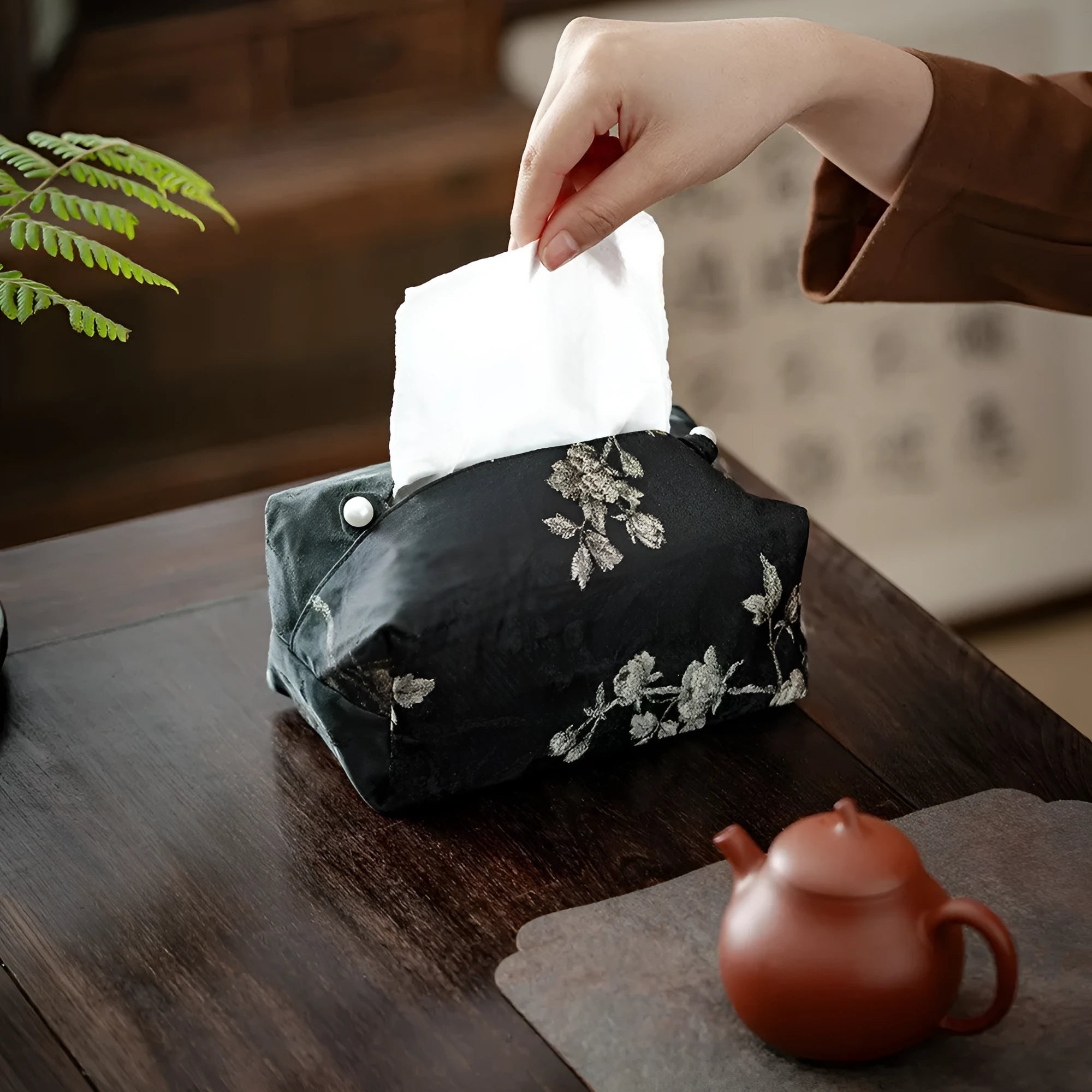 New Chinese brocade fabric tissue box cover with embroidery white plum design