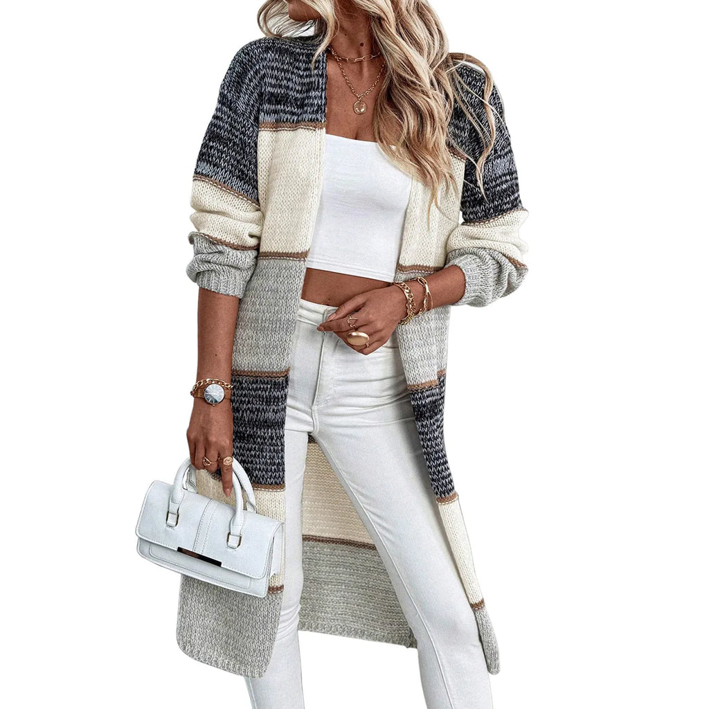 Grey striped knitted cardigan with long sleeves in loose European street fashion style