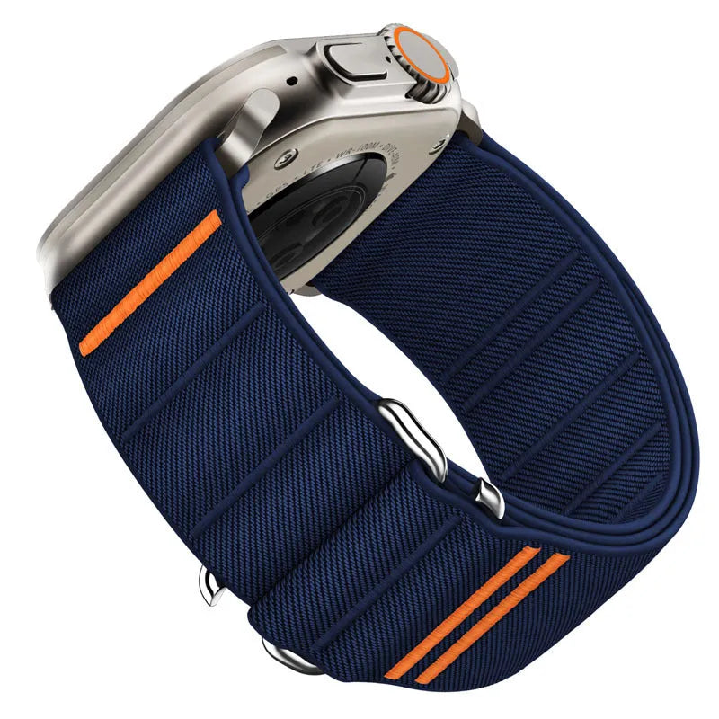 Elastic nylon Apple Watch band with stainless steel buckle shown in multiple colour options.
