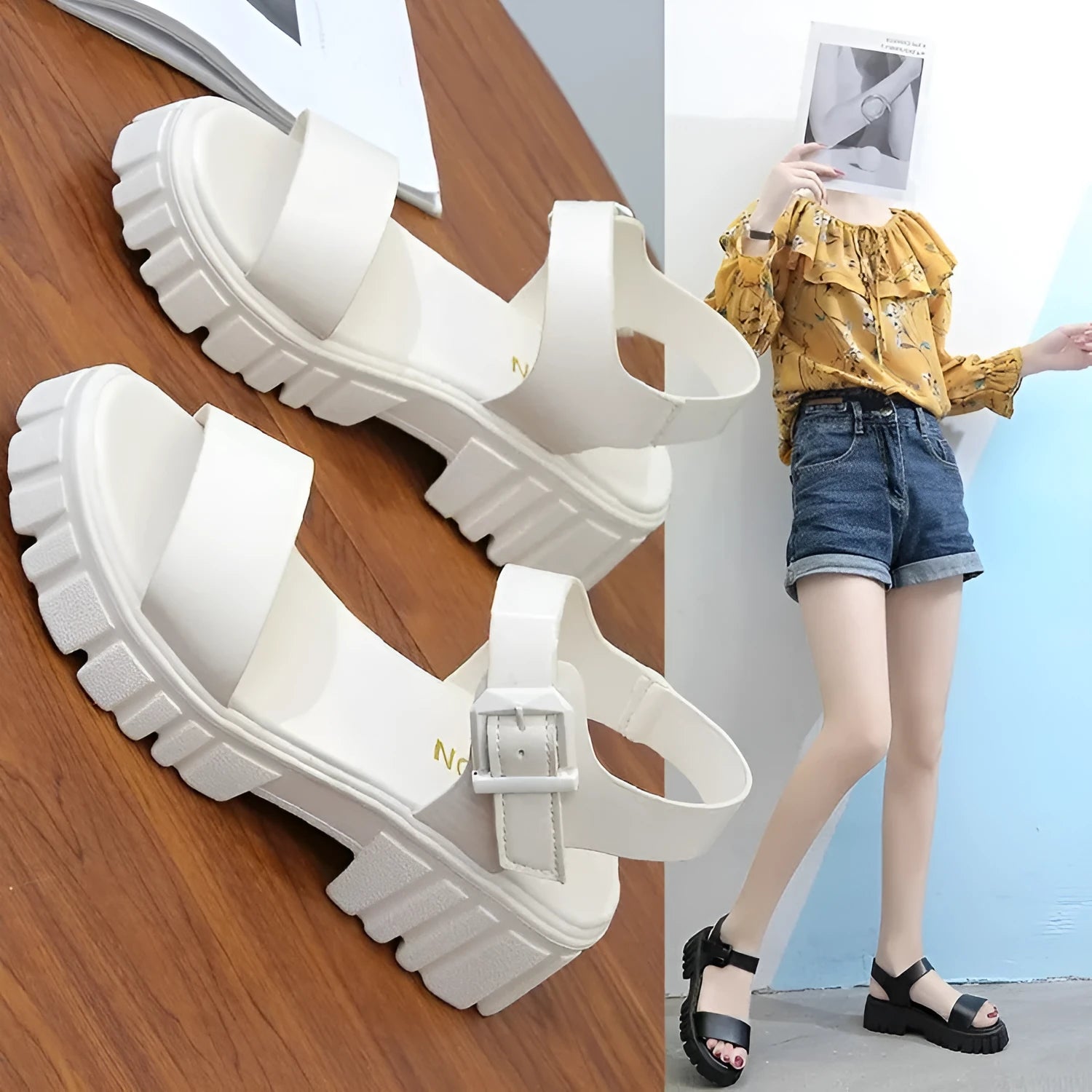 Women's beige platform sandals with peep toe and adjustable ankle-strap buckle closure