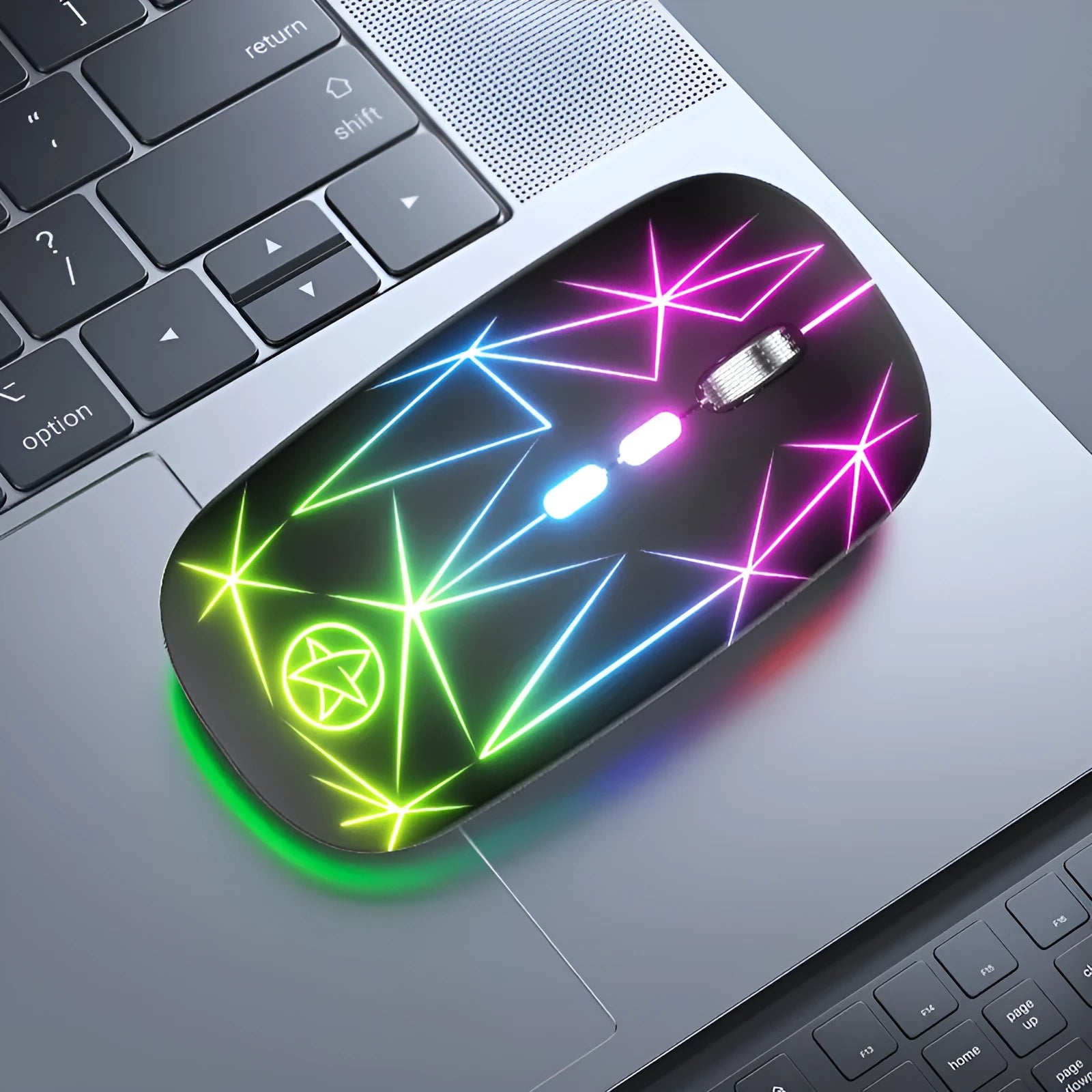 Wireless Bluetooth gaming mouse with luminous LED indicators and metal scroll wheel in black finish