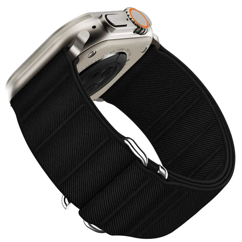 Elastic nylon Apple Watch band with stainless steel buckle shown in multiple colour options.