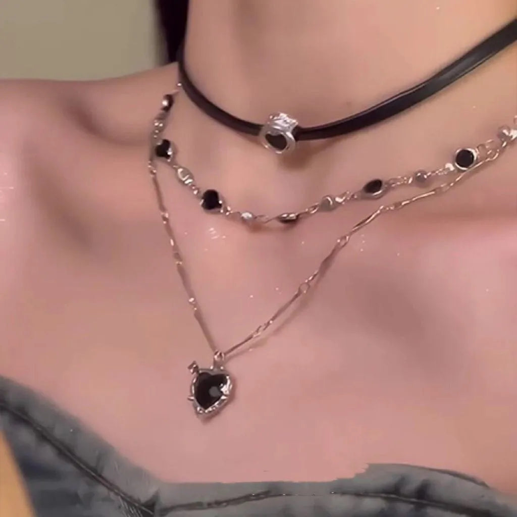 Women's multi-layer twin heart necklace with alloy pendant and artificial crystal elements on adjustable chain